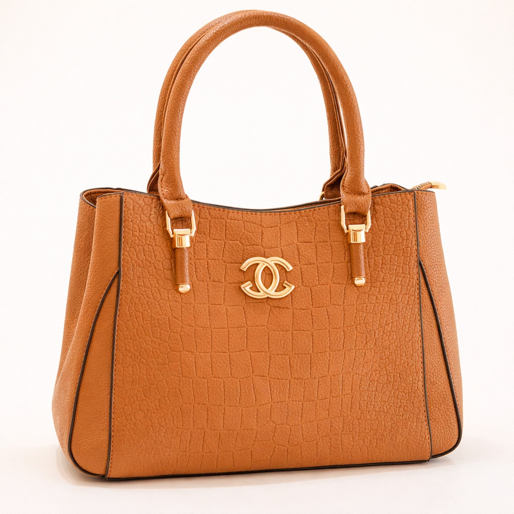 Croc-Embossed Tan Tote with Gold Handbag